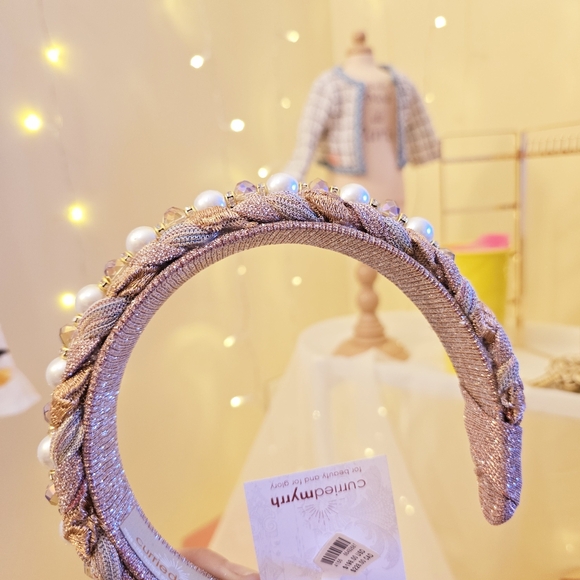 Anthropologie Curried Myrrh Constance Pearled Metallic Braided Headband - Picture 3 of 6